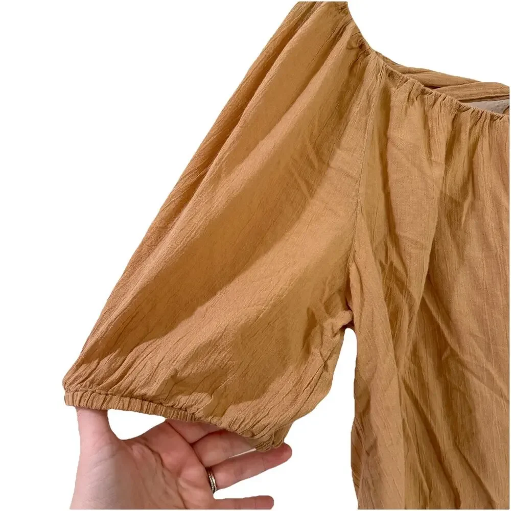 Old Navy Puff Sleeve Cutout Tie Back Swing Blouse Tan L Tall Boxy Boho Neutral